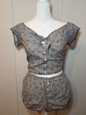 PINK Victoria's Secret Black & White Floral Gingham Crop Set Medium